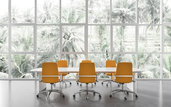 Interieur Moderner Büro Besprechungsraum Mit Betonboden Panoramafenster Mit Tropischem Ausblick — Stockfoto