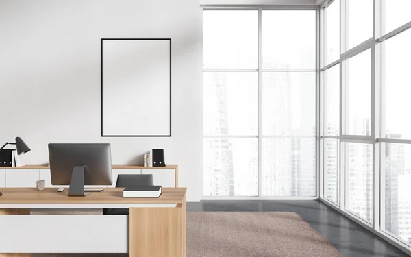 Interior Escritório Ceo Moderno Com Paredes Brancas Piso Concreto Janela — Fotografia de Stock
