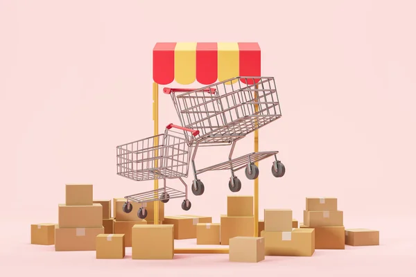 Megtekintése Okostelefon Bevásárlókocsik Dobozok Körülötte Rózsaszín Háttér Fogalom Online Vásárlás — Stock Fotó