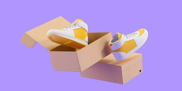 黄色のスニーカーのペアは 紫色の背景に飛んで 空白の段ボール箱をモックアップします ファッション 新しいコレクションとプレゼンテーションの概念 3Dレンダリング図 — ストック写真