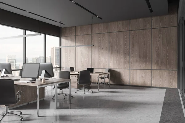 Vista Canto Interior Coworking Com Cadeiras Escritório Fileira Piso Concreto — Fotografia de Stock