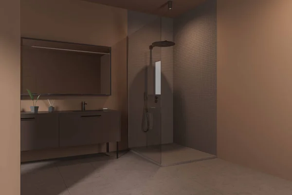 Interiér Stylové Koupelny Hnědými Stěnami Dlážděná Podlaha Pohodlná Sprchová Kout — Stock fotografie