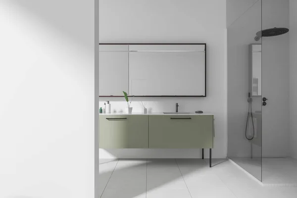 White Home Bathroom Interior Double Sink Green Vanity Glass Shower — Stock Photo, Image