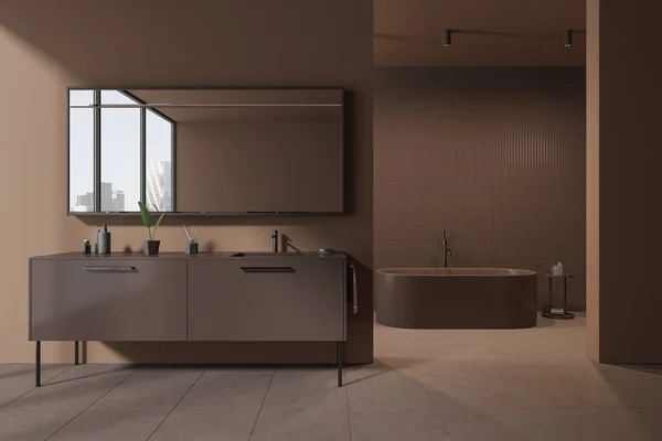 Brown Moderna Casa Banho Interior Com Pia Dupla Vaidade Banheira — Fotografia de Stock