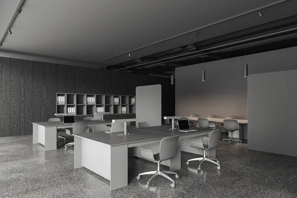 同僚や会議コーナー 棚や文書とミニマリストの家具や技術と暗いオフィスのインテリア 企業のロフトのビジネスワークスペース 3Dレンダリング — ストック写真