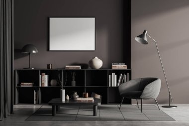 Koyu renk oturma odası iç koltuk ve raflar kitaplar ve sanat süslemeleri, halının üzerindeki kahve masası, gri beton zemin. Tuvalin posterini hazırla. 3B görüntüleme