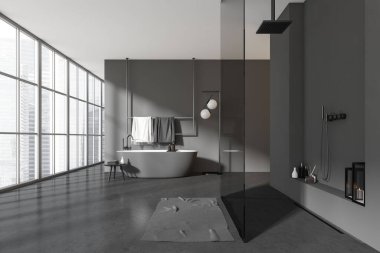 Küvet ve havluyla kaplı karanlık banyo, cam bölmeli minimalist duş ve aksesuarlar. Singapur gökdelenlerinin panoramik penceresi. 3B görüntüleme