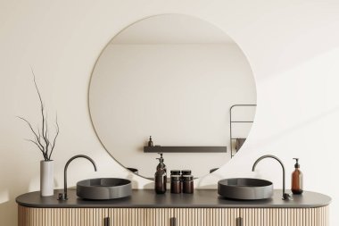 Çift lavabolu, yuvarlak aynalı, minimalist banyo aksesuarları ve dekorasyonu olan beyaz banyo. 3B görüntüleme