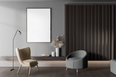 Karanlık oturma odasının içinde iki koltuk ve rafta asgari düzeyde sanat dekorasyonu, ahşap zemin. Tuvalin posterini hazırla. 3B görüntüleme