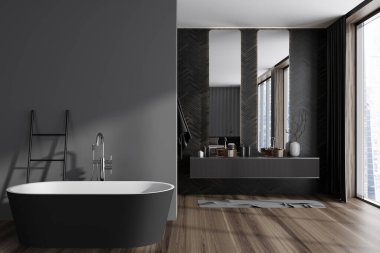 Küveti, havluyla merdiveni ve çift lavabosu olan karanlık bir banyo. Şehir manzarası panoramik pencereli banyo alanı. Kopya uzay duvarı. 3B görüntüleme