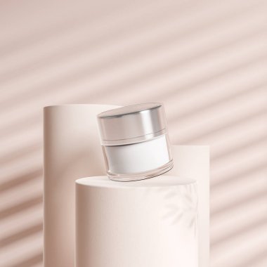 Yüzen krema şişesi ve soyut gölgeli üç silindirik sütun, açık arkaplan. Cilt bakımı kavramı. Ürün sunumu için maket. 3B görüntüleme