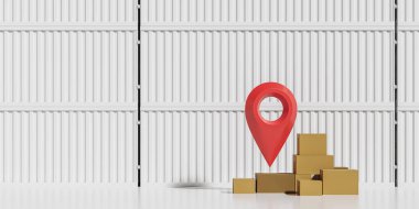 Büyük beyaz konteynırlar yığını, kırmızı jeo etiketi ve karton kutular. Nakliye ve takip konsepti. Boş kopyalama alanı. 3B görüntüleme