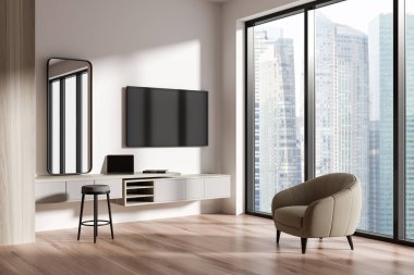 Bej oturma odasının içi koltuk, yan görüş, televizyon ekranı ve dizüstü bilgisayarı, taburesi ve aynası var. Rahat ve çalışma alanı, Singapur şehir manzarasında panoramik pencere. 3B görüntüleme