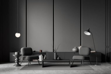 Karanlık oturma odasının önü boş gri duvar, koltuklar, beton zemin, sehpa, dolap, halı. Minimalist tasarım kavramı. Yaratıcı fikir için yer var. 3d oluşturma