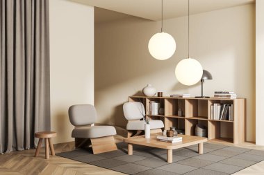 Bej oturma odasının içinde iki koltuk, yan görüş, kitaplarla ve dekorasyonla dolu raflar. Perdeleri ve ahşap zemini olan şık bir toplantı köşesi. 3B görüntüleme