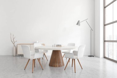 Yemek masası, koltuklar, panoramik pencere Singapur şehri gökdeleni, dolap, beyaz duvar, beton zemin. Minimalist tasarım kavramı. 3d oluşturma