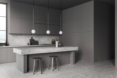 Bar tezgahı ve taburesi olan karanlık bir mutfak, gri beton zeminde yan görüş. Kırsal kesimde panoramik pencereli yemek pişirme köşesi. 3B görüntüleme