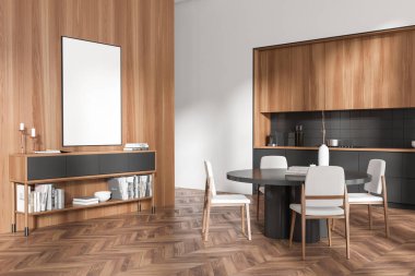 Karanlık mutfak odasının iç tarafında boş beyaz poster, yemek masası, sandalyeler, kitaplı raflar, ahşap zemin, lavabo, kahve makinesi. Minimalist tasarım kavramı. Model yap. 3d oluşturma