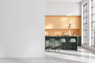 Bar sandalyeleri ve adalı modern mutfak, gri beton zemin. Mutfak gereçleri ve panoramik pencereli yemek pişirme alanı. Model boş duvar. 3B görüntüleme