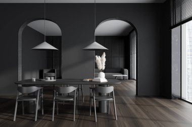 Oturma odası, yemek odası, sandalyeler ve masa. Kemerli kapı ve halıda sehpa olan kanepe. Gökdelenlerin panoramik penceresi. 3B görüntüleme