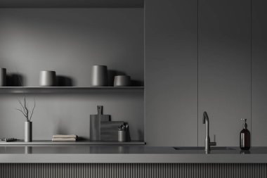 Bar adası, lavabo ve el sabunu olan karanlık bir mutfak. Mutfak eşyaları, kaşık ve vazo, güvertede havlu. Dekorlu modern minimalist yemek pişirme alanı. 3B görüntüleme