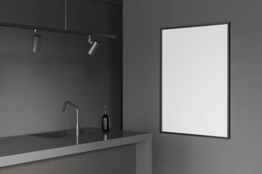 Karanlık mutfak, bar adası, lavabo ve el sabunu, yan görüş. Lambalı modern minimalist yemek pişirme alanı. Tuvalin maketi posteri. 3B görüntüleme