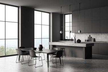 Yemek masası, yan görüş, sandalyeler ve taburesi gri beton kaplı bar adası olan karanlık bir mutfak. Yemek pişirme alanı ve kırsal alanda panoramik pencere. 3B görüntüleme