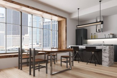 İçi yemek masası ve sandalyelerle dolu beyaz mutfak, yan görüş, bar adası ve mutfak gereçleri olan pişirme alanı. New York manzaralı panoramik pencere. 3B görüntüleme