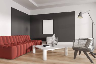 Rahat bir oda içi kanepe, iki koltuk ve dekoratif kahve masası, ahşap zeminde yan manzara. Boş bir poster hazırla. 3B görüntüleme