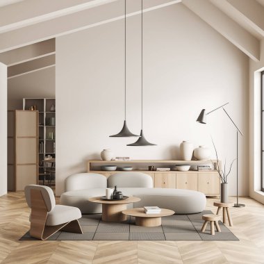Oturma odasının içi kanepe ve koltukla dolu. Arka planda masa ve sandalye olan toplantı alanı. Kahve sehpası ve modern dekorasyonlu çekmece. 3B görüntüleme