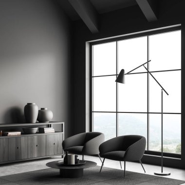 Oturma odasının içi iki koltuklu, yan manzaralı. Çekmeceler ve halıdaki kahve masası. Kırsal kesimde panoramik pencere. 3B görüntüleme