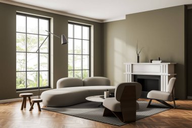 Kahverengi misafir odasının içinde kanepe ve iki koltuk, yan görüş, şömine ve sanat dekorasyonu, ahşap zeminde halı. Tropik bölgelerde panoramik pencere. 3B görüntüleme