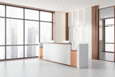 Beyaz resepsiyonun iç tarafında iki bilgisayar var. Ofis masalı, yan manzaralı şık bir giriş salonu. Şehir görünümünde panoramik pencere, 3B görüntüleme