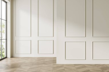 Sert ahşap döşemeli, bej pervazlı ve tropiklerde panoramik pencereli klasik bir oda. Mobilya yok, insan yok. 3B görüntüleme