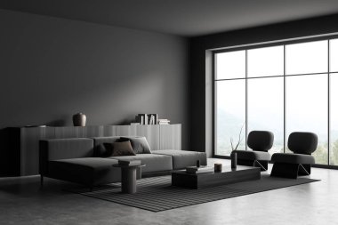 Dark living room interior with sofa and armchairs, side view drawer with decoration, carpet on grey concrete floor. Panoramic window on countryside. Mockup copy space wall, 3D rendering clipart