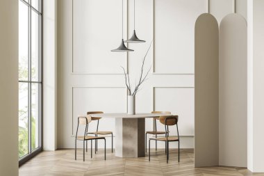 Bej oturma odası içinde sandalyeler, vazo ve ahşap döşemeli yemek masası. Tropik manzarada panoramik pencere. 3B görüntüleme