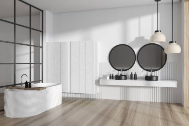 Beyaz banyo içi, çift lavabo ve ahşap zemin üzerinde küvet, yan görüş. Aksesuar ve cam kapılı banyo köşesi. 3B görüntüleme