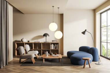 Bej toplantı odası. Kanepe, koltuk, sehpa ve sanat süslemeli çekmece. Tropik bölgelerde panoramik pencere. 3B görüntüleme