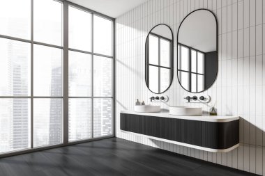 Siyah ve beyaz banyo içi, köşesinde çift lavabo var. Güverte, aksesuarlar, yan görüş, siyah ahşap zemin. Singapur gökdelenlerinin panoramik penceresi. 3B görüntüleme