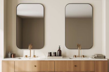 Çift lavabo ve aynalı şık bir banyo, banyo aksesuarlı ahşap dolap. İki lavabosu olan bir otel banyosu. 3B görüntüleme