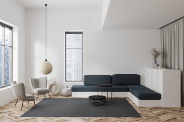 Parlak oturma odasının önü koltuk, kanepe, gökdelen manzaralı pencere, kitaplı raflar, beyaz duvar, kahve masası, meşe ağacından zemin. Minimalist tasarım kavramı. 3d oluşturma