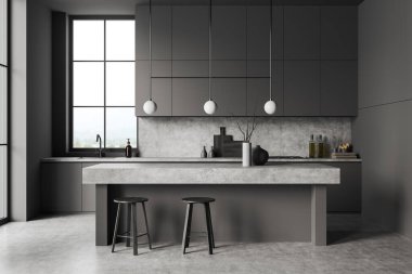 Gri beton zeminde bar taburesi ve tezgahı olan karanlık bir mutfak. Mutfak eşyaları ve minimalist dekorasyon. Kırsal kesimde panoramik pencereli yemek pişirme alanı. 3B görüntüleme