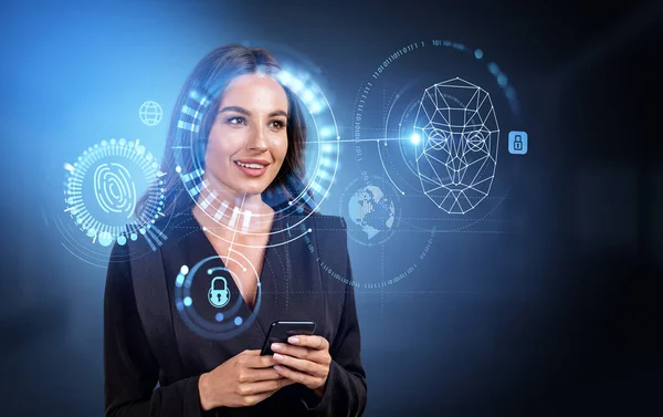 Empresária Trabalhando Com Smartphone Retrato Sorridente Hud Holograma Digitalização Biométrica — Fotografia de Stock