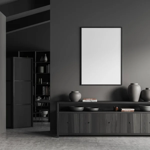 Dark living room interior dresser with vase and books on grey concrete floor. Meeting area with modern furniture and shelf. Mock up canvas poster. 3D rendering