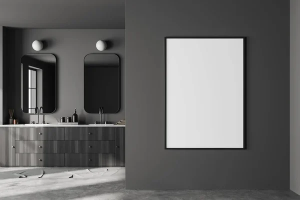 暗色浴室内部与双水池和黑色木制梳妆台配饰 灰色混凝土地板 模拟帆布海报 3D渲染 — 图库照片