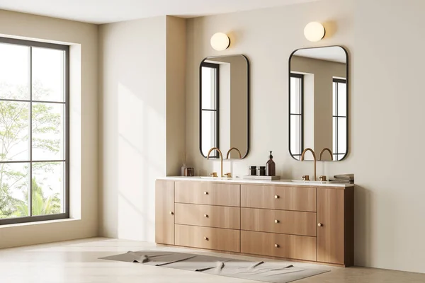 Útulný Interiér Koupelny Dvojitým Umyvadlem Boční Pohled Dřevěný Prádelník Hotelovým — Stock fotografie