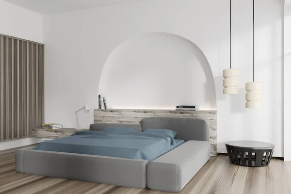 침대위 램프가 내부를 수있다 미니멀리즘적 디자인의 창조적 아이디어를 렌더링 — 스톡 사진