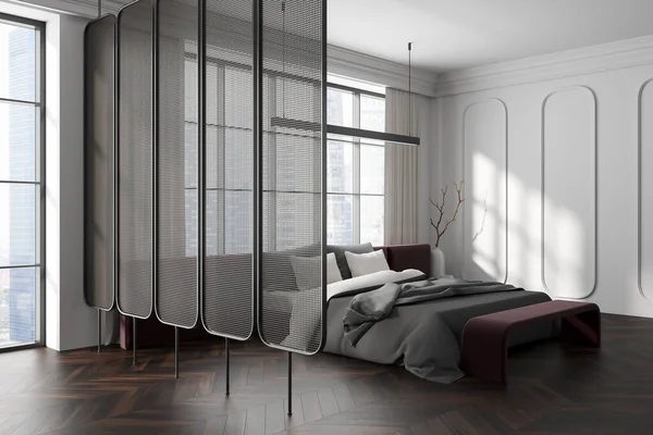 Light Bedroom Interior Bed Partition Side View Hardwood Floor Sleeping — Stock Photo, Image