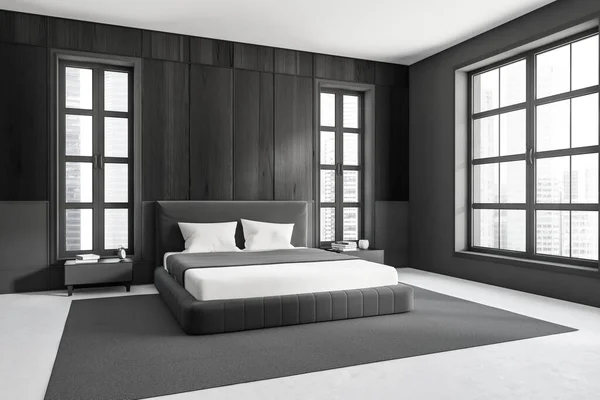 침대위 파노라마 어두운 내부의 콘크리트 미니멀리즘적 디자인의 창조적 아이디어를 렌더링 — 스톡 사진