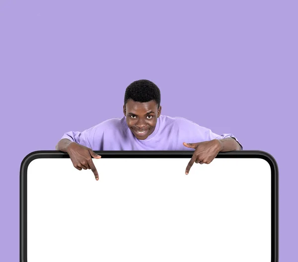 Black Young Man Smiling Finger Pointing Large Mock Copy Space — Stock Photo, Image